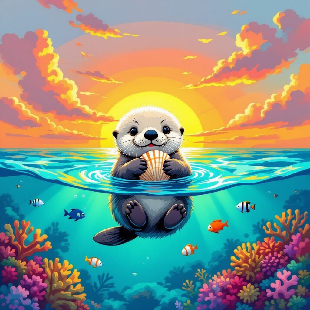 Baby Sea Otter Holds Seashell in Turquoise Water