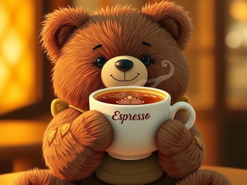 Teddy Bear Barista Serving Espresso, Mary Blair Style