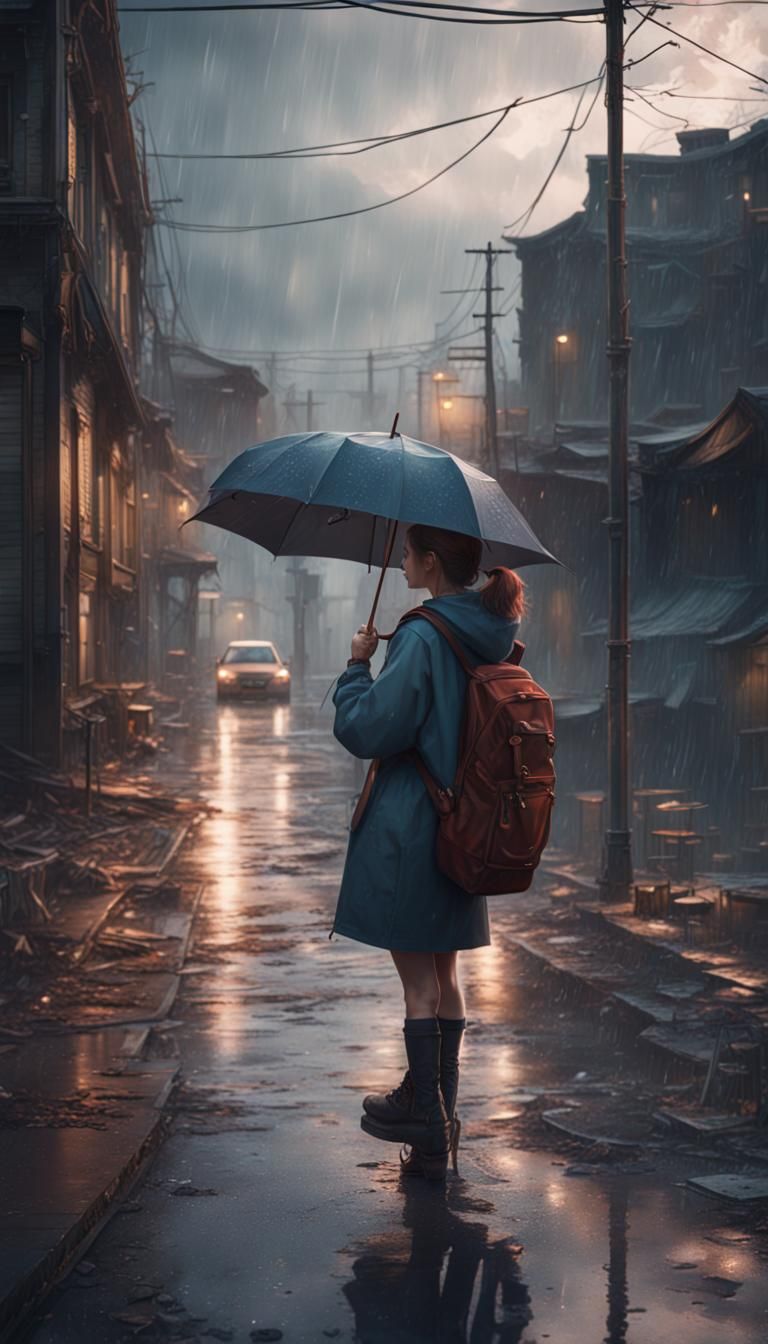 Sad Student Waiting in the Rain: Matte Painting