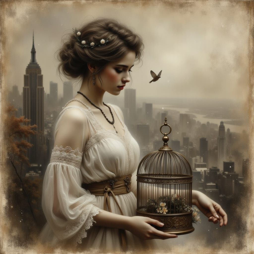 Vintage Photo: Woman With Birdcage and Cityscape