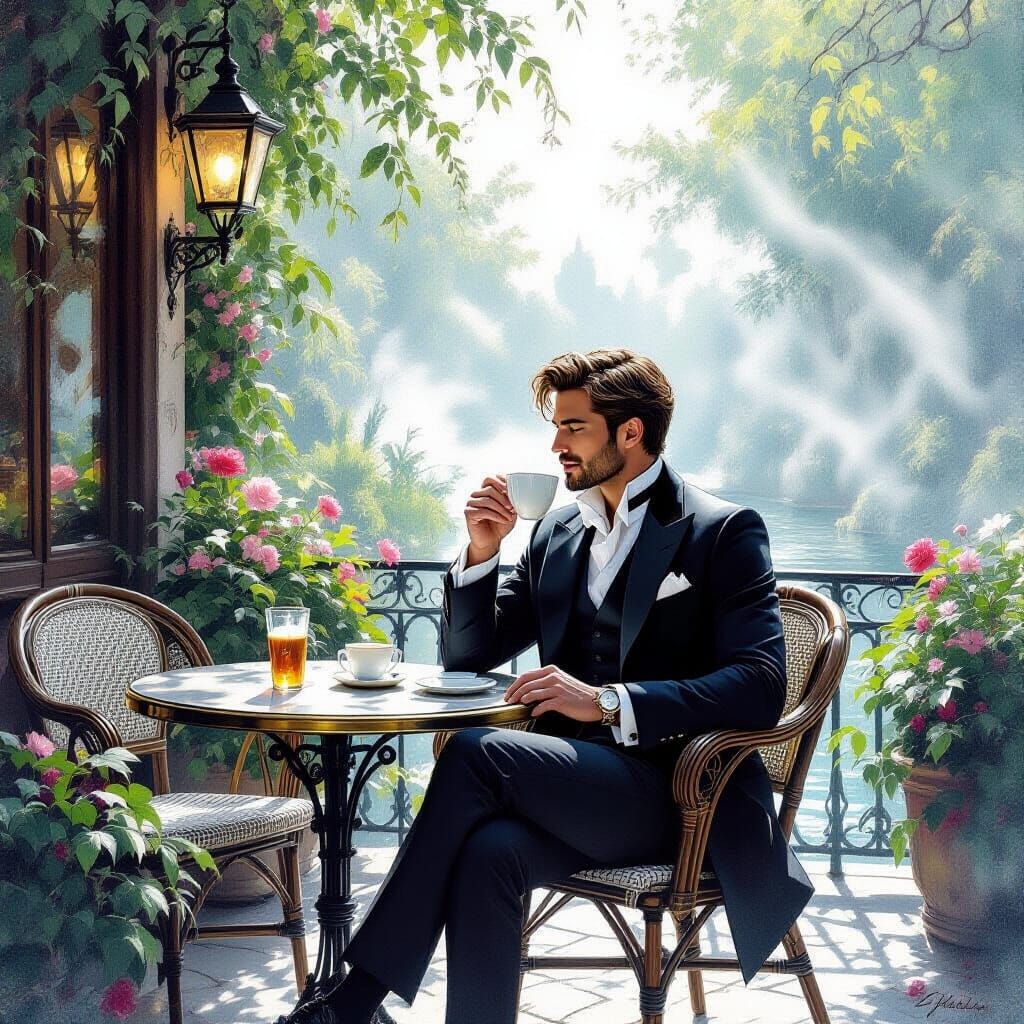 Elegant Man Sipping Coffee: Hyperdetailed Charcoal Fantasy