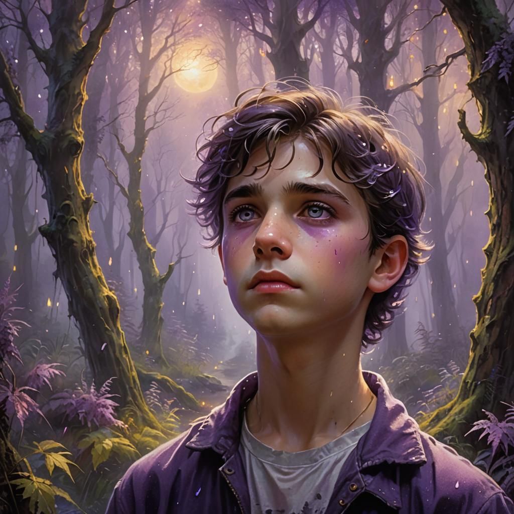 Ethereal Boy in Misty Forest with Purple Eye