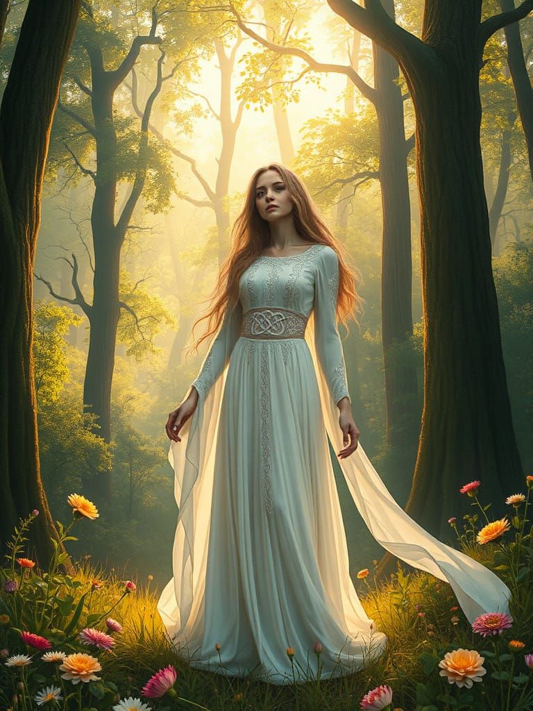 Enchanted Celtic Goddess in Whimsical Forest Glade