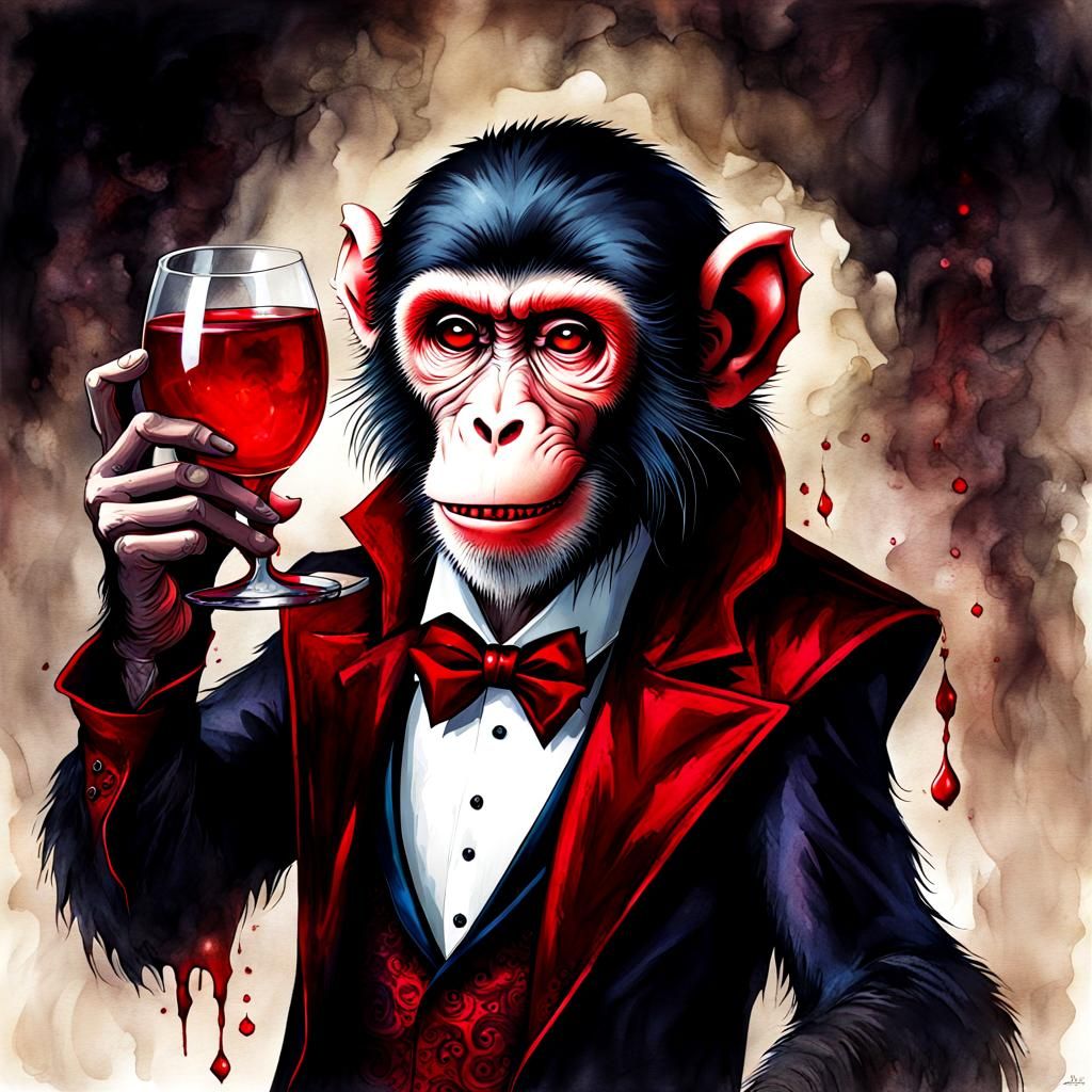 Vampiric Monkey in Dracula Costume: Dark Fantasy Art