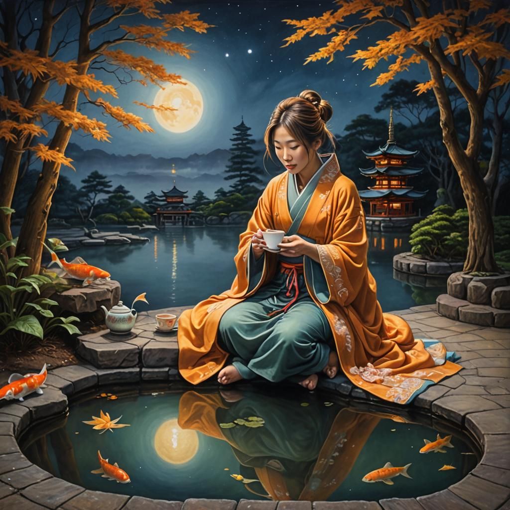 Vibrant Chalk Art: Woman, Pagoda, and Koi Pond