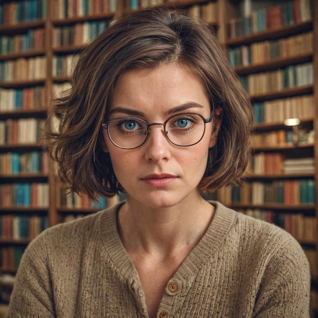 Hyperrealistic Portrait of a Tired Woman With Bookshelves