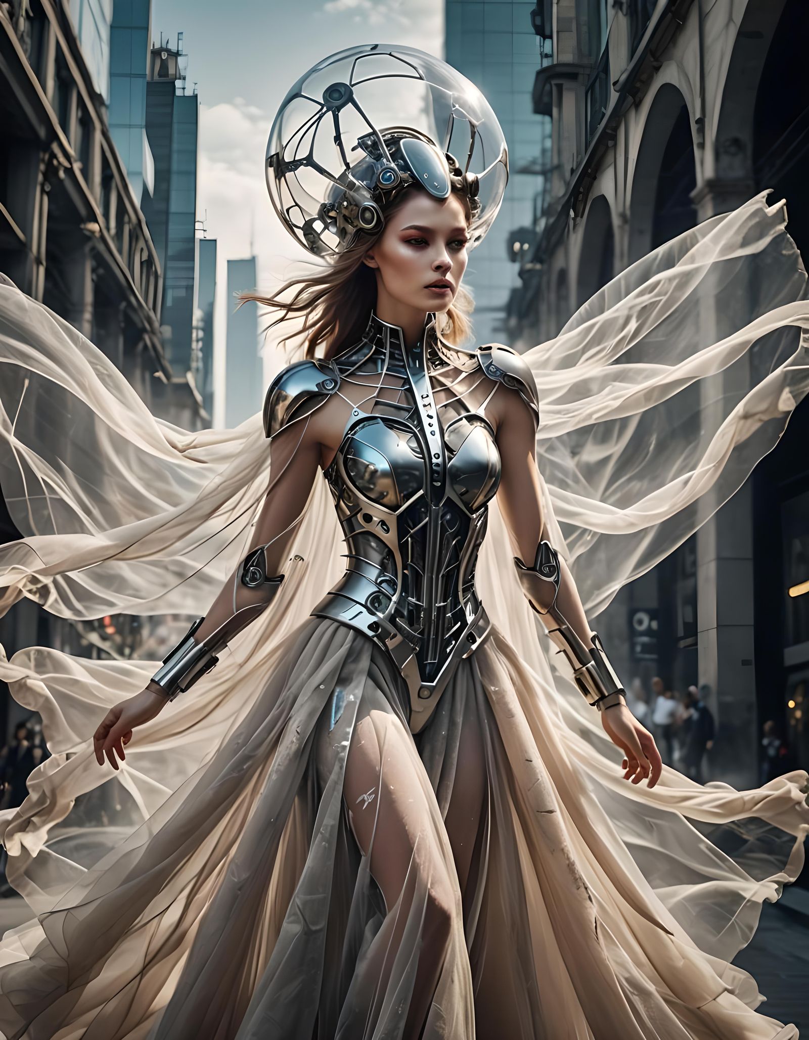 Elegant Cyborg in Tulle Gown: Futuristic Fashion