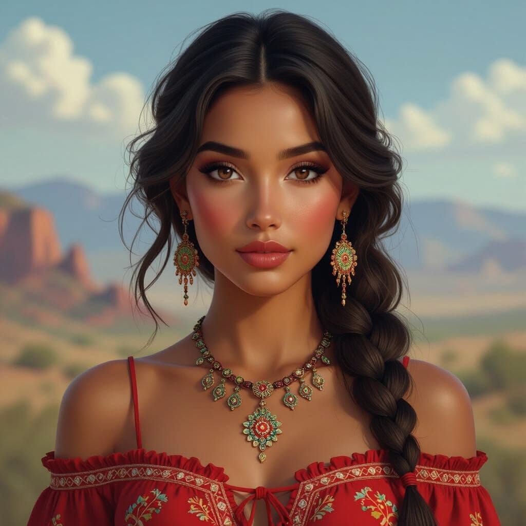 Hispanic Woman in Red Zia Dress with New Mexican Jewelry