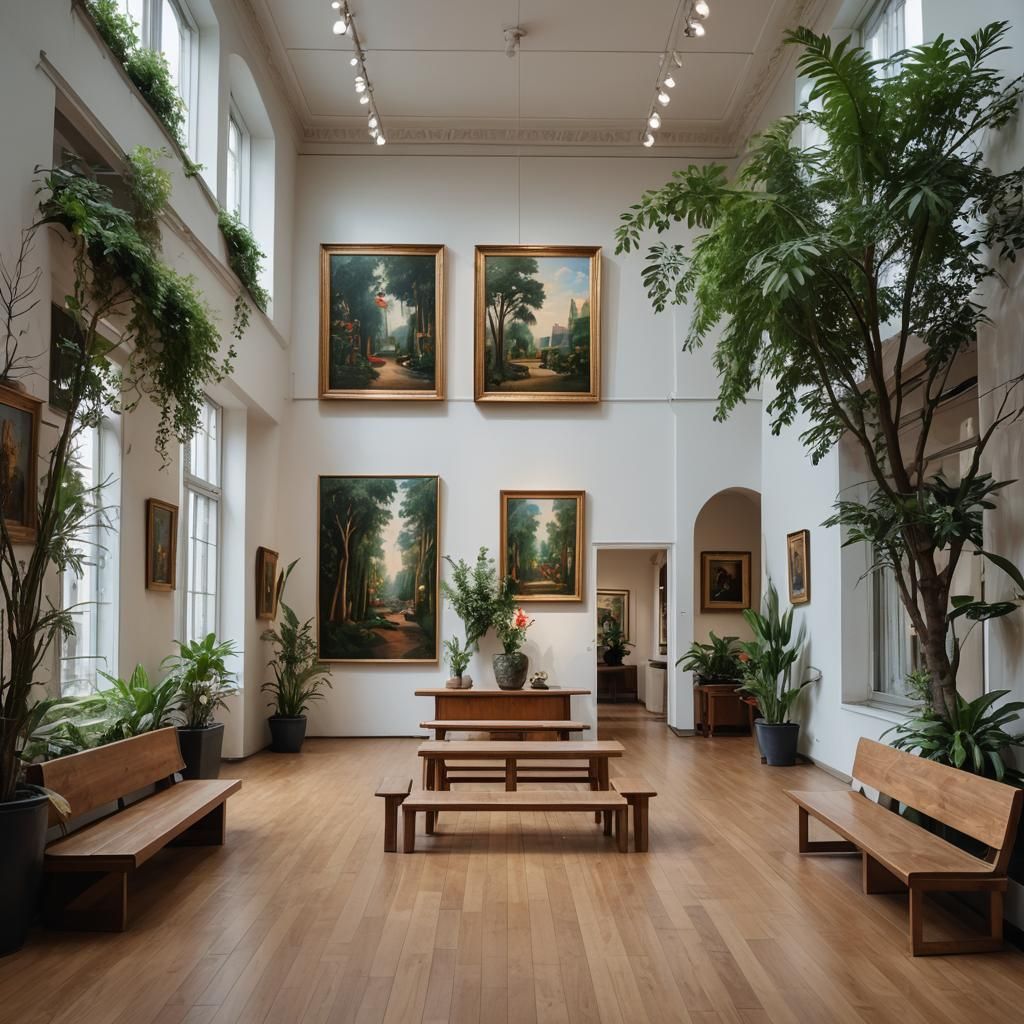 City Gallery with Paintings and Sculptures in 1970s Style