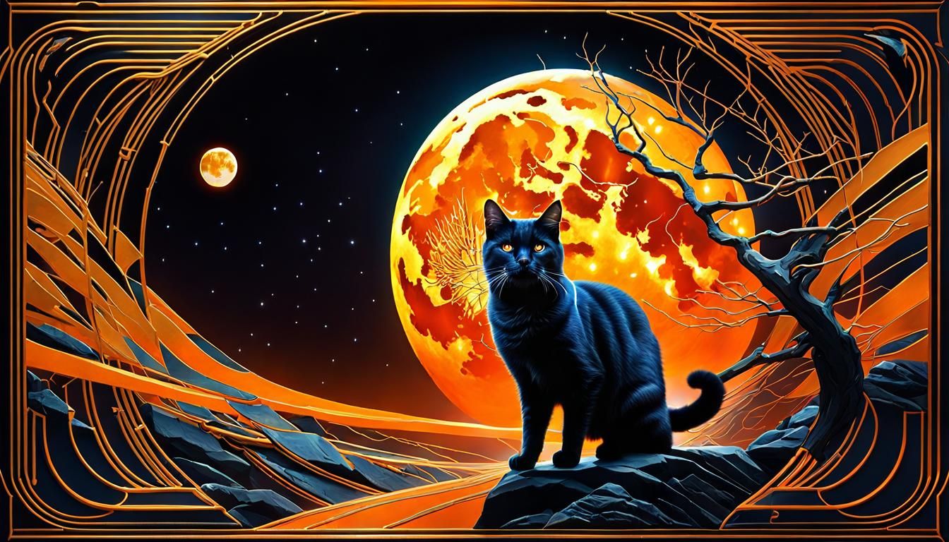 Kintsugi Cat Serenade to Orange Moon in Sci-Fi Style