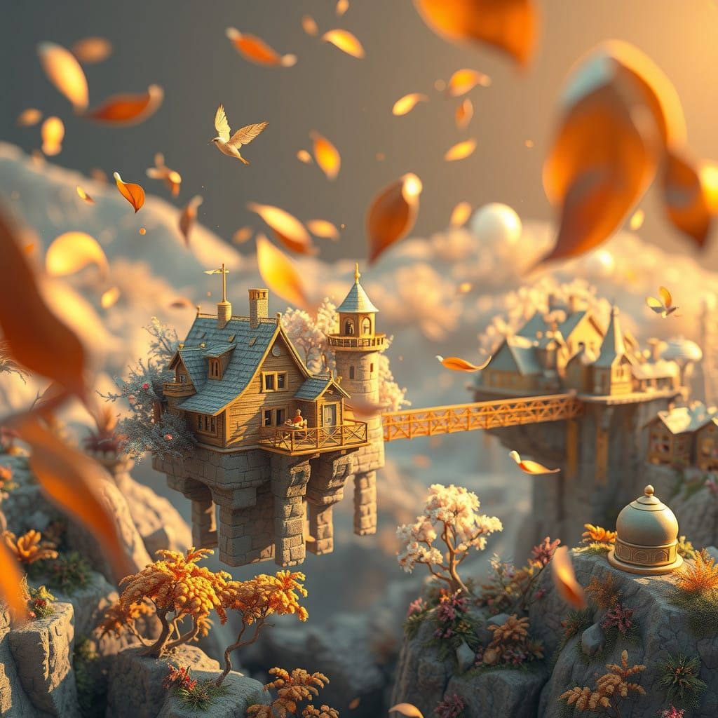 Dreamlike Scene of Floating Towns and Leaves in Ethereal Lig...
