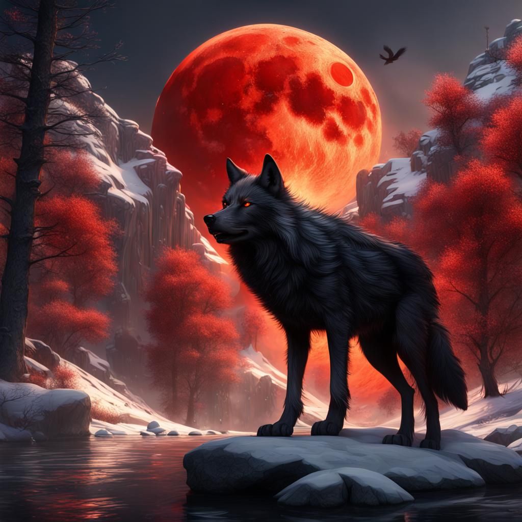 Fiery Black Wolf in Mountain Landscape