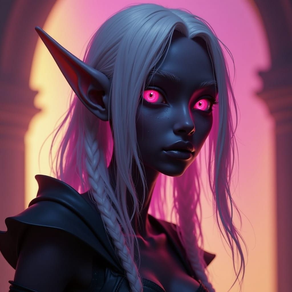 Drow Elf Woman with Pink Eyes in Dark Fantasy