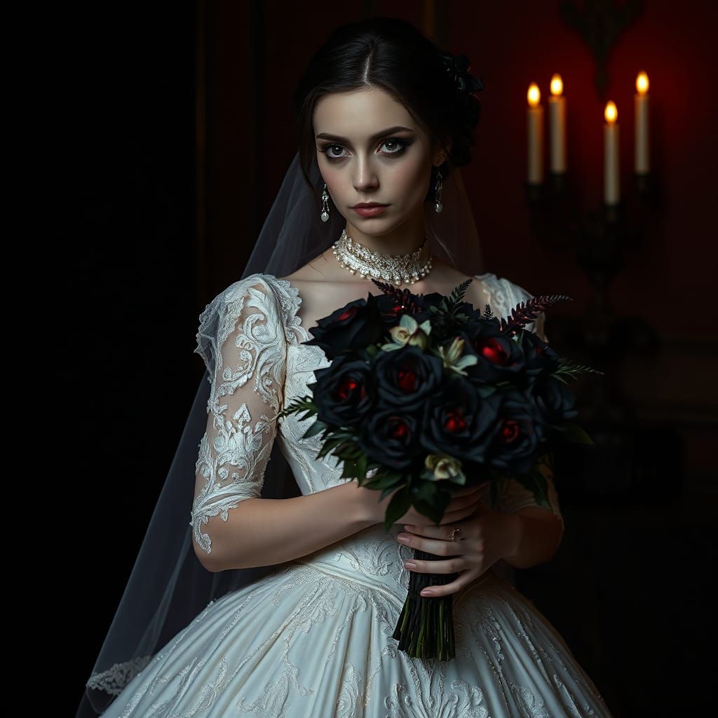Victorian Bride with Black Bouquet in Gothic Style