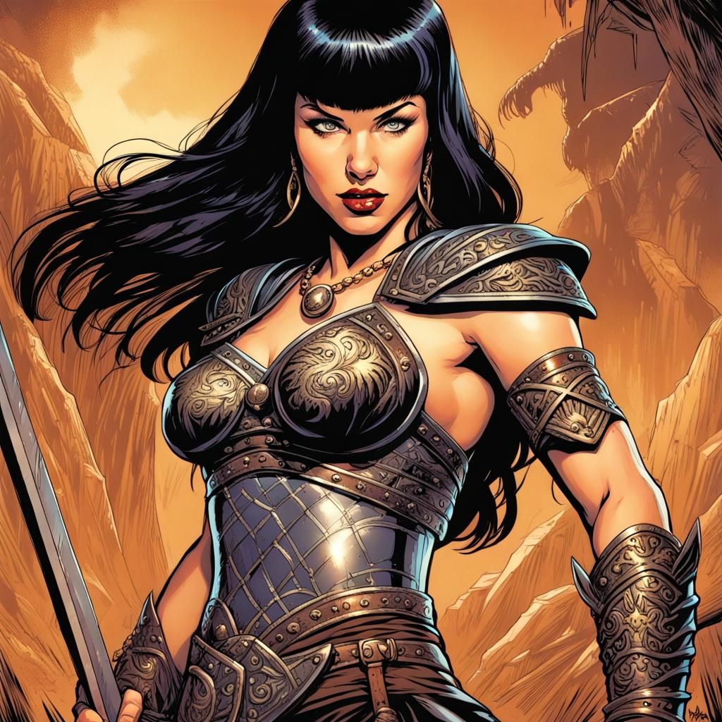 Betty Page as Xena in Comic Book Art
