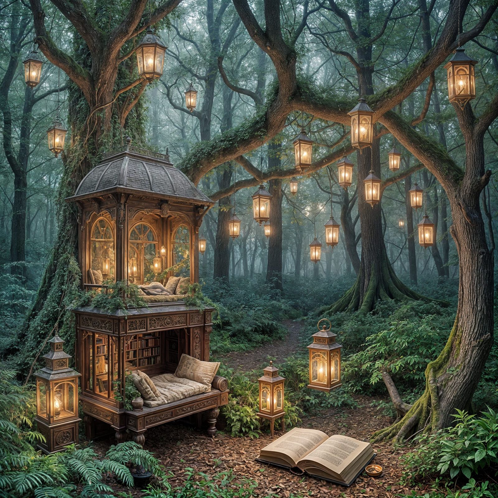 Surreal Reading Nook in Dreamlike Forest