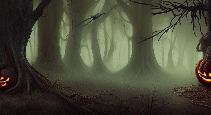 Dark Halloween Woods with Skeletons