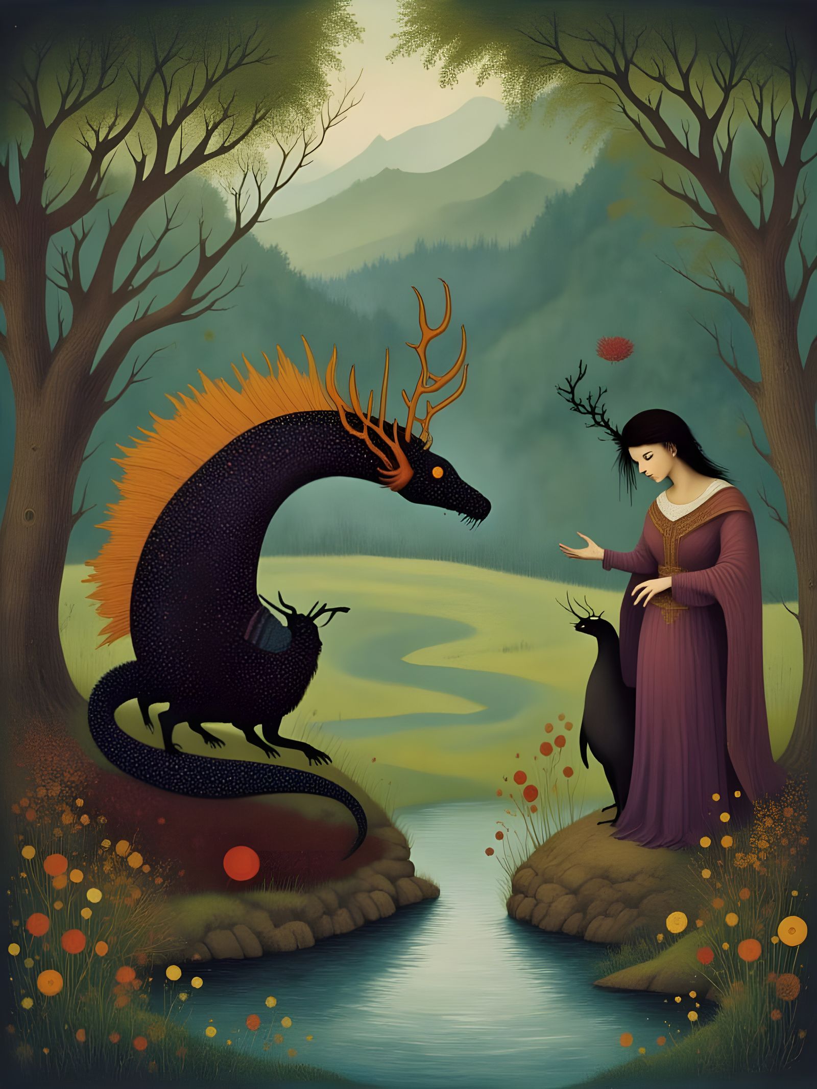 Dragon listens to the priestess on the riverbank
