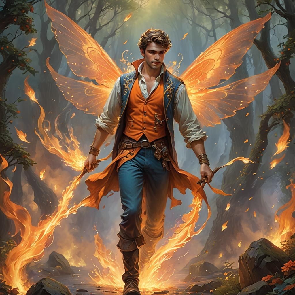 Male Fire Fairy with Flame Wings in Ethereal Style