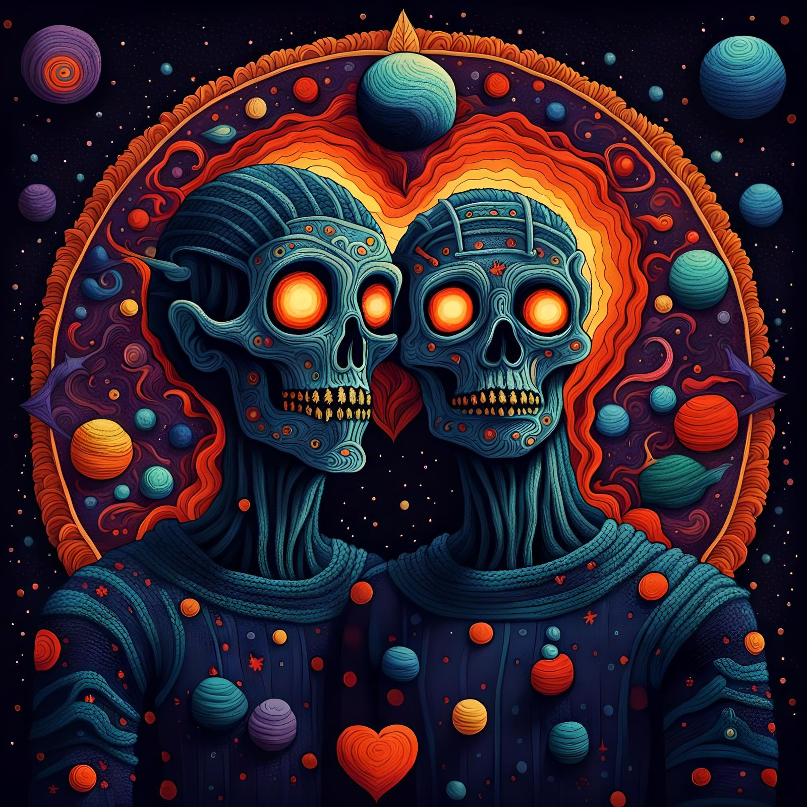 Cosmic Lovers in Knitted Horror Style