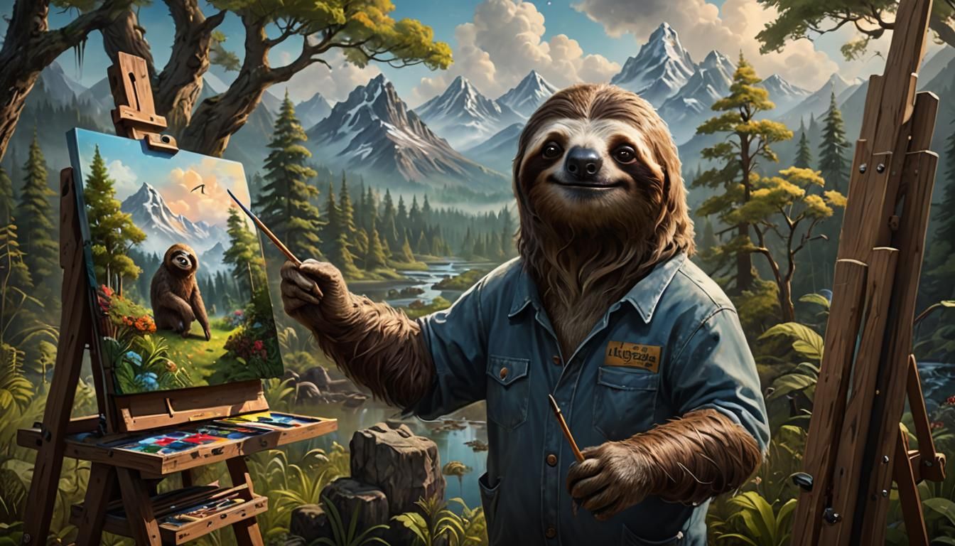 Sloth as Painter in Bob Ross Style