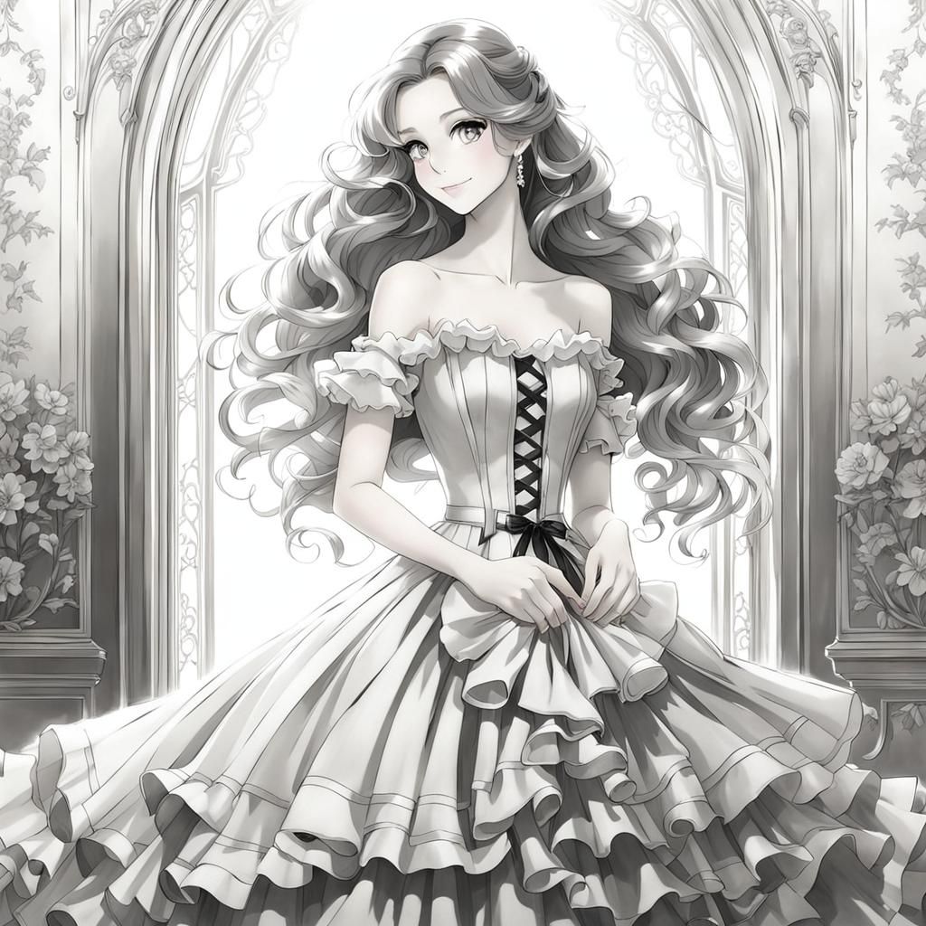 Elegant Foxgirl in Rococo Gown, Hand-Drawn