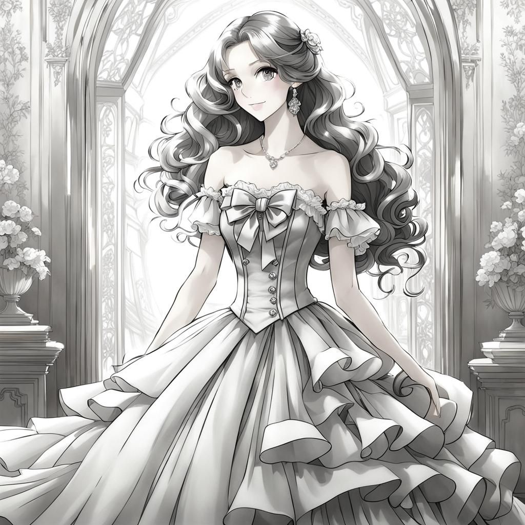 Elegant Foxgirl in Rococo Gown, Hand-Drawn