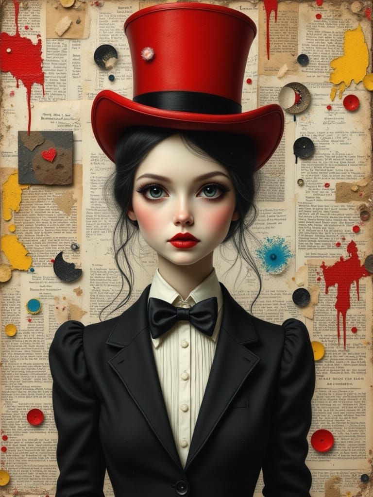 Grunge Collage Portrait of a Woman in Red Top Hat