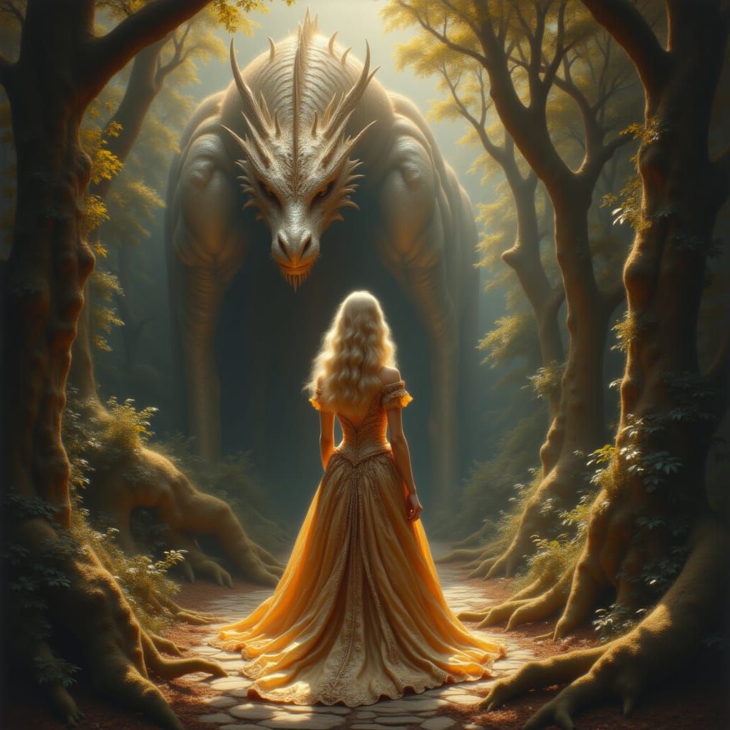 Blonde Queen Faces Ancient Dragon in Baroque Fantasy Art