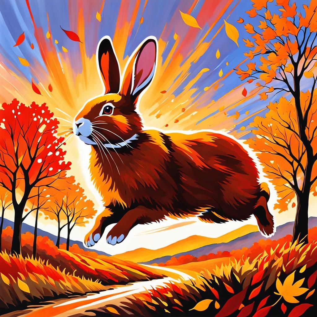 Rabbit Leaping in Autumn, Expressionist Oil Painting