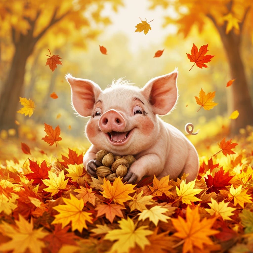 Whimsical Pig Playing in Autumn Leaves with Acorns