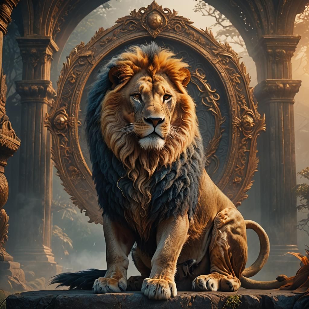 Majestic Lion Portrait in Golden Frame