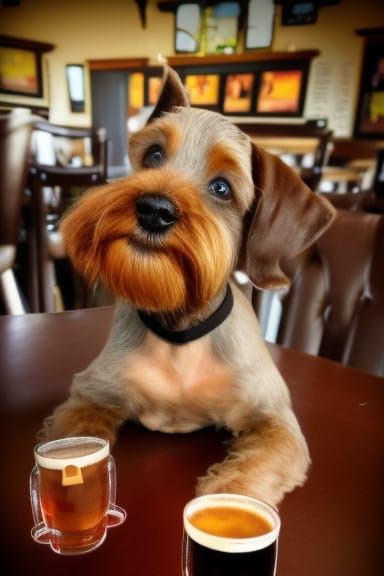 Schnauzer puppy being tempted by a pint of Guinness Beer