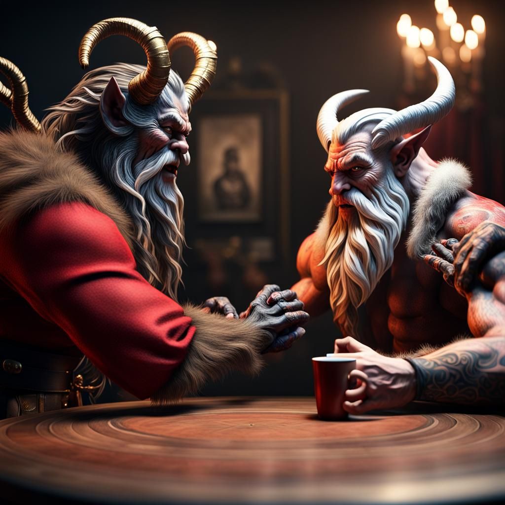 Krampus and Santa Arm Wrestle in Photorealistic Style