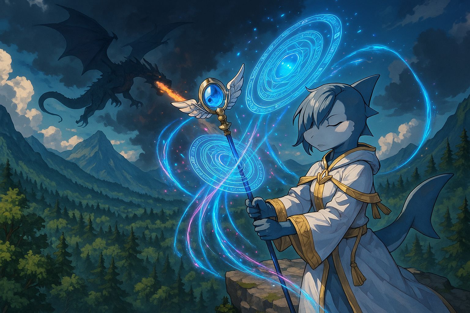 Anime Shark Healer Casts Magic in Forest