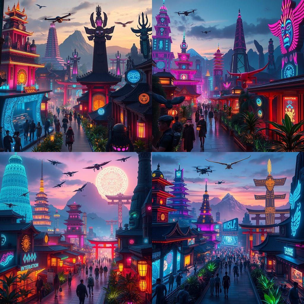 Neo-Cyberpunk City Fusion: Ancient Spirits and Tech