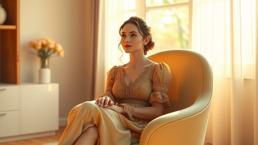 Daydreaming Woman in Sunlit Room, Art Nouveau Style