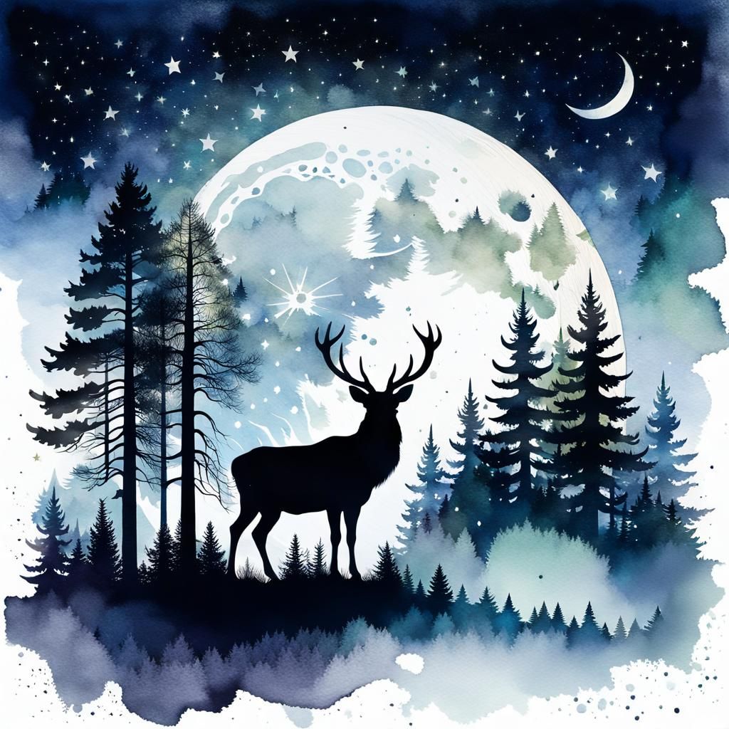 Stag Silhouette with Forest in Watercolor Style