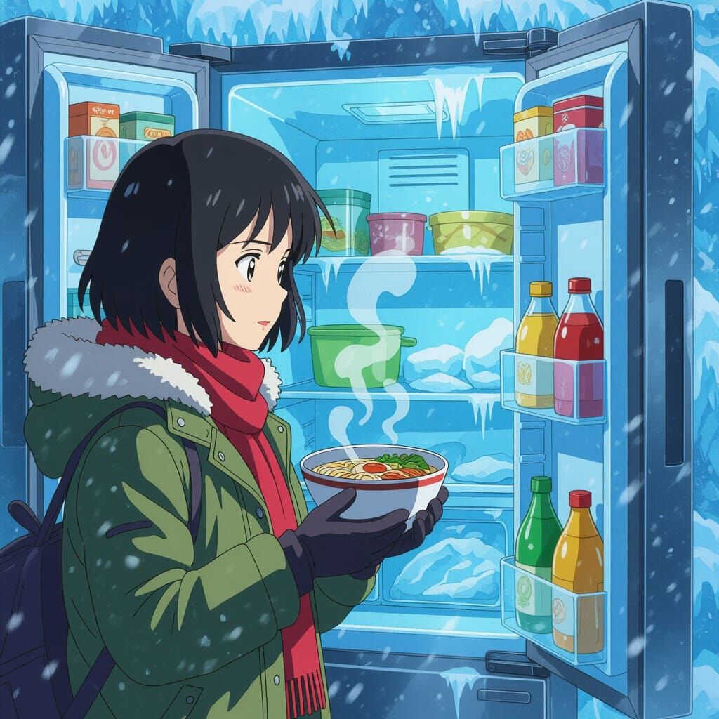Anime Woman with Ramen in Winter Wonderland