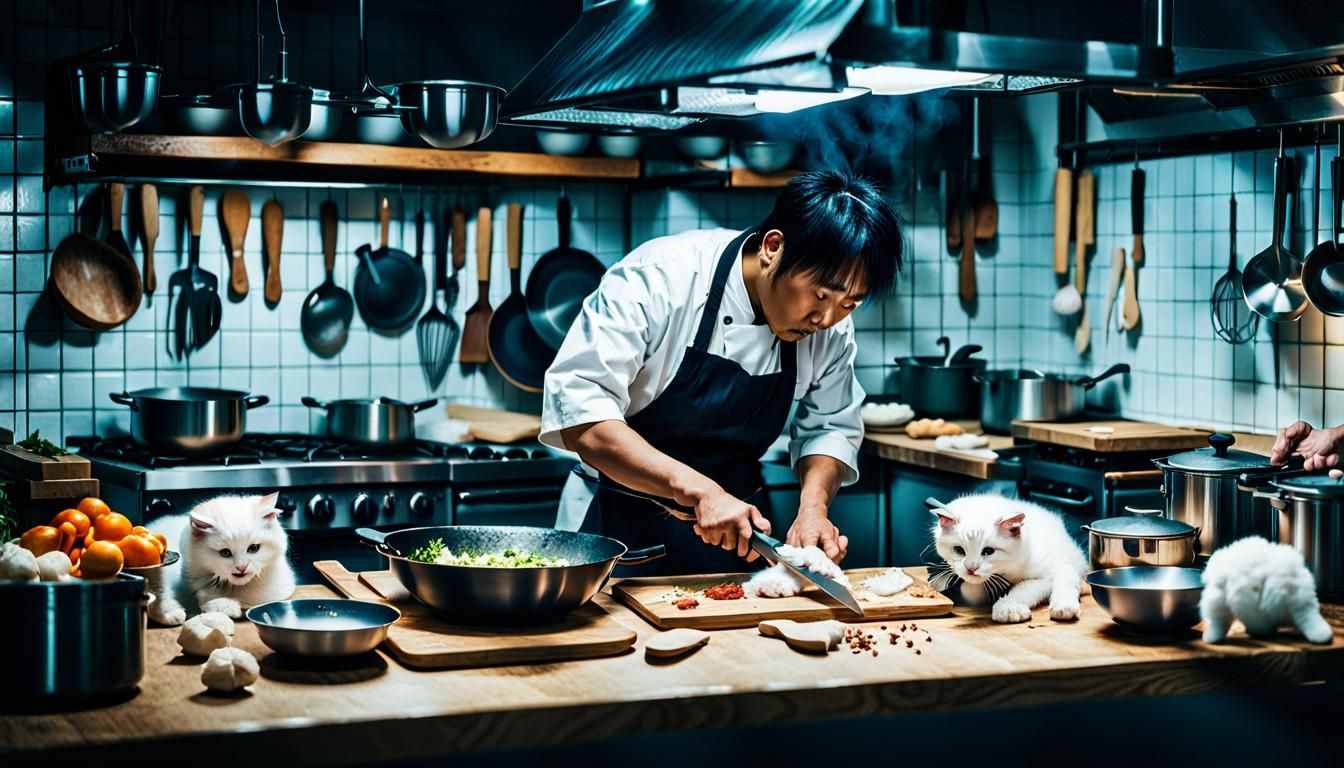 A chaotic kitchen the cook in the center holding a huge chef's knife is preparing dinner