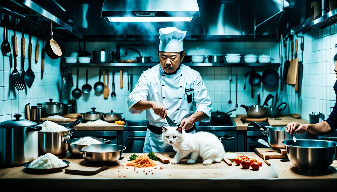 A chaotic kitchen the cook in the center holding a huge chef's knife is preparing dinner