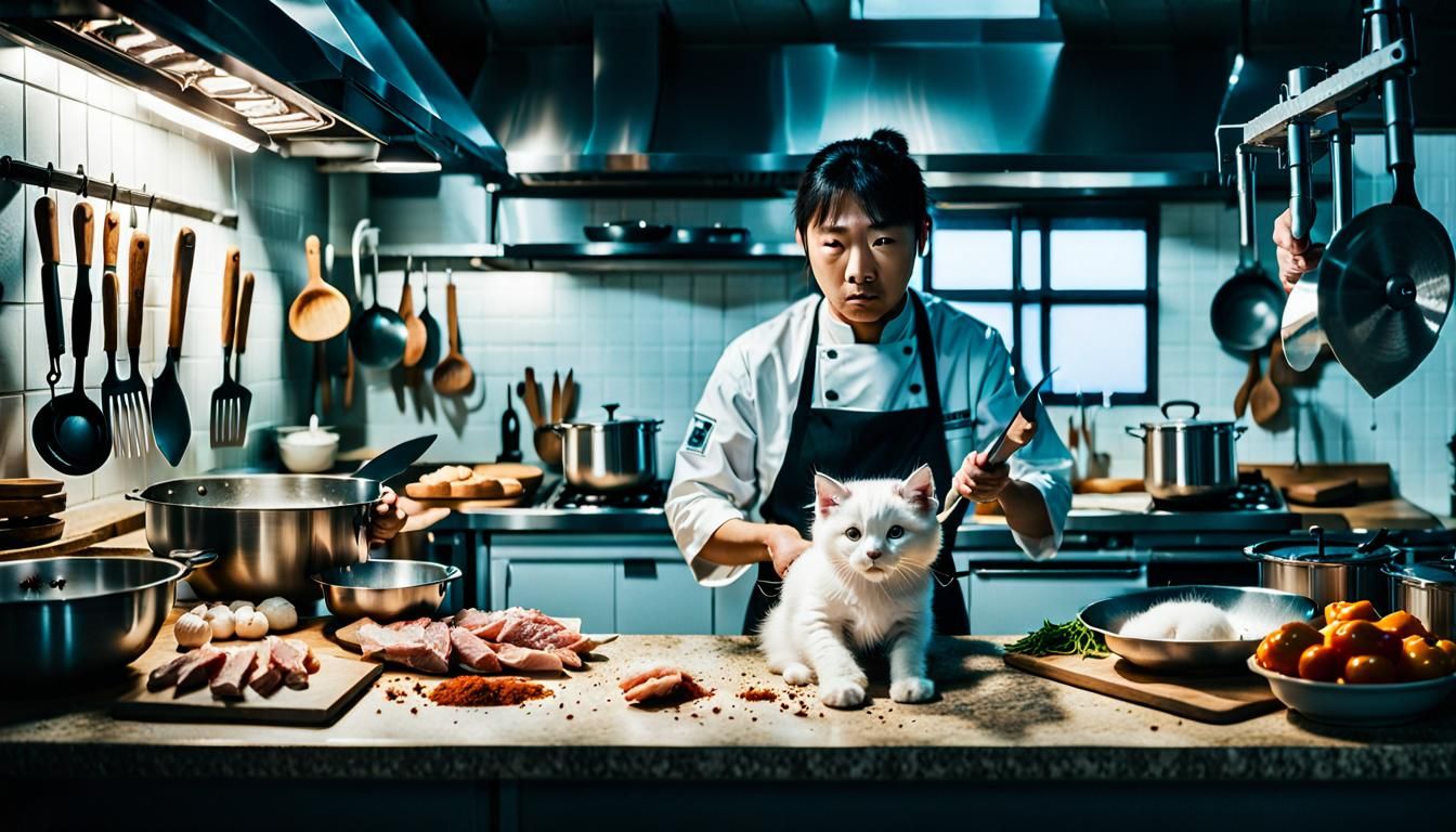 A chaotic kitchen the cook in the center holding a huge chef's knife is preparing dinner