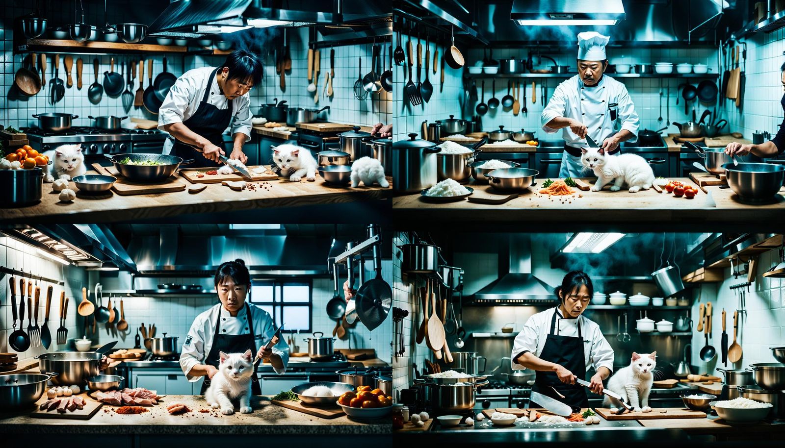 A chaotic kitchen the cook in the center holding a huge chef's knife is preparing dinner