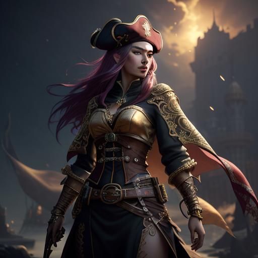 Epic Fantasy Pirate Ship Portrait in Triadic Colors