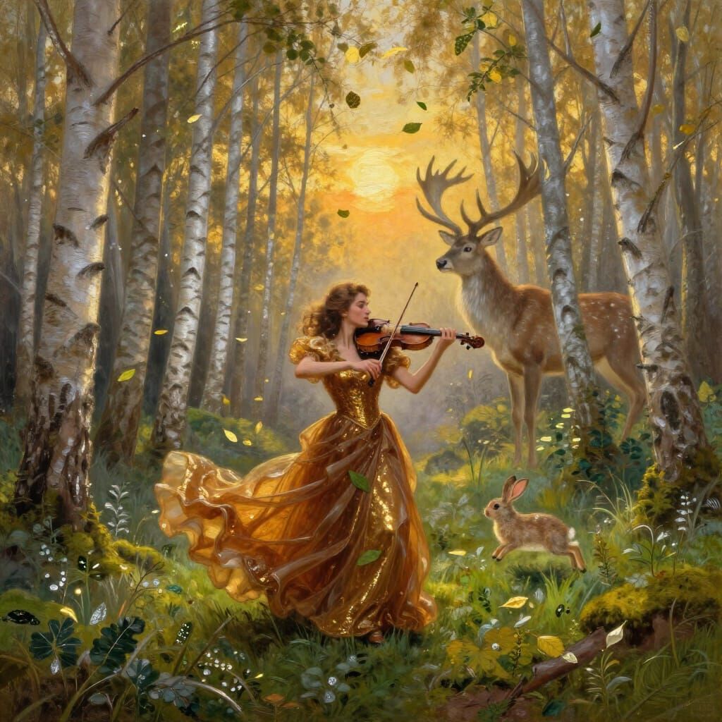 Violinist in Magical Birch Forest at Sunset Oil Painting