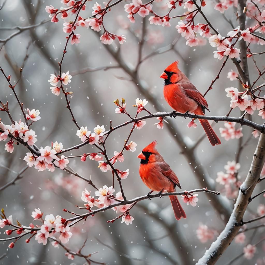 Cardinal in Winter: Cherry Blossoms in Watercolor Style
