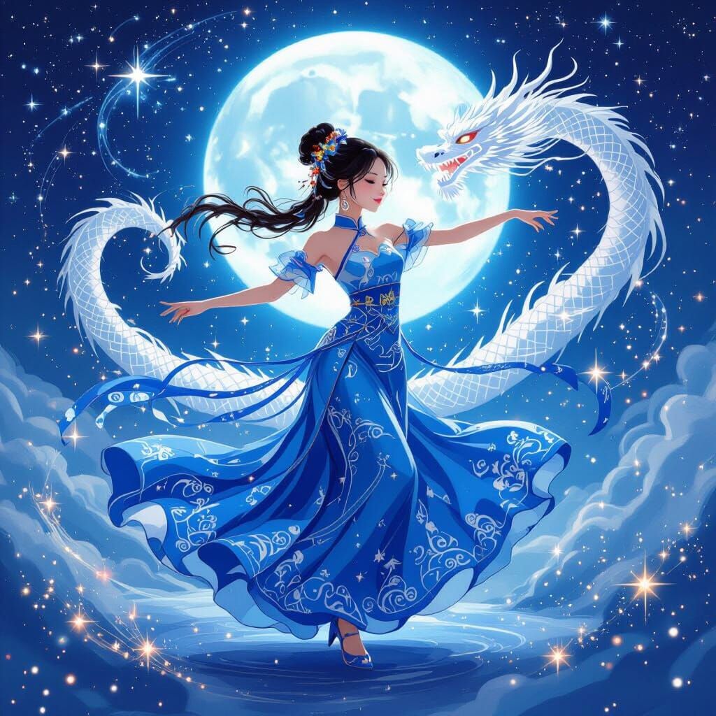 Chinese Girl Dancing with Dragon in Starry Sky