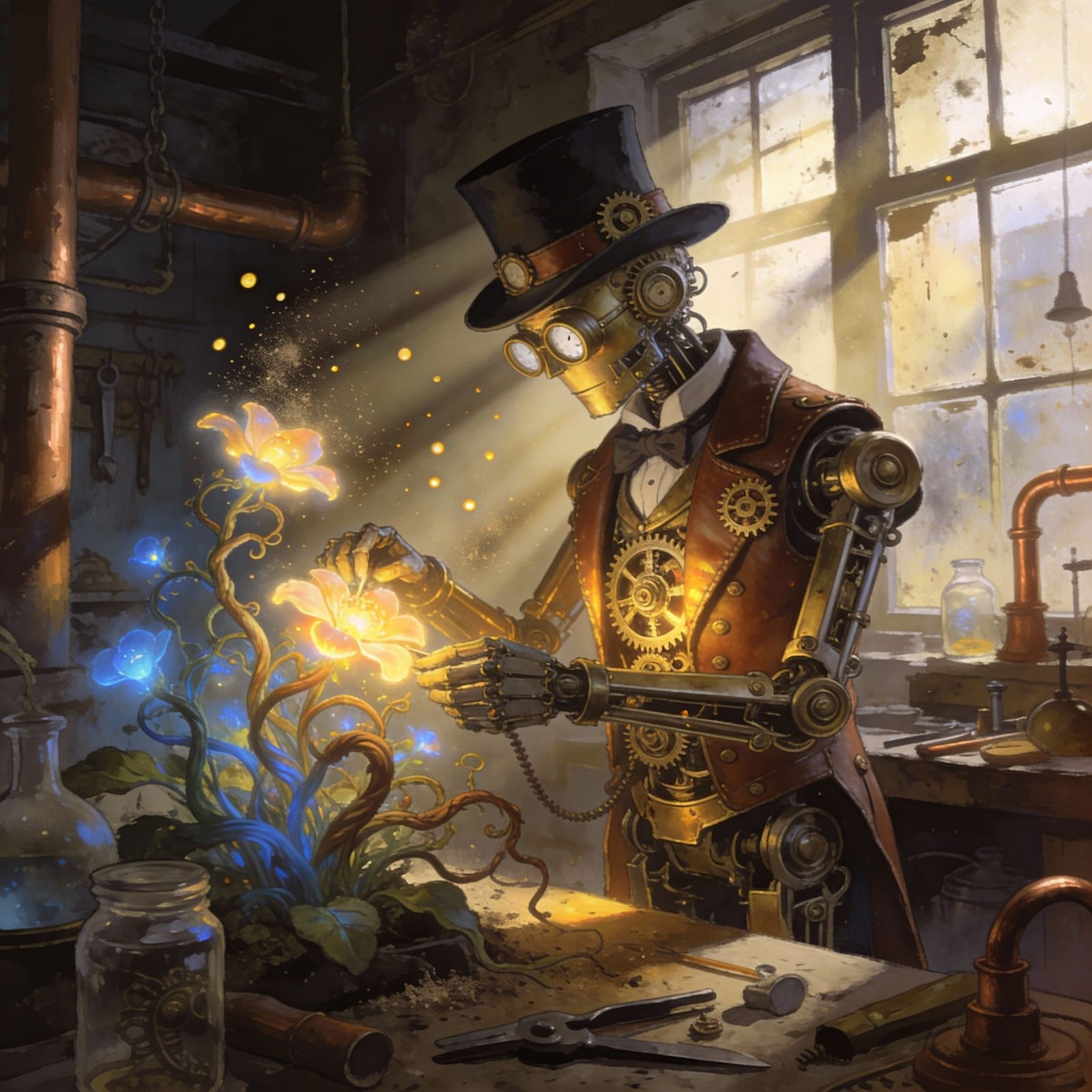 Clockwork Gentleman Tending Magical Plants in Dusty Workshop