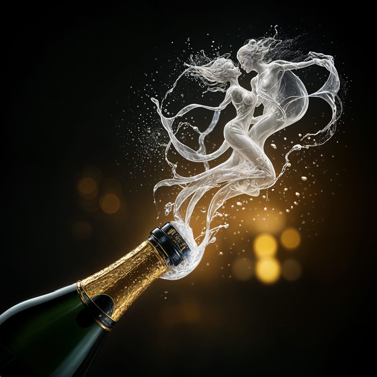 Ethereal Champagne Bottle Silhouette Dances in Mid-Air