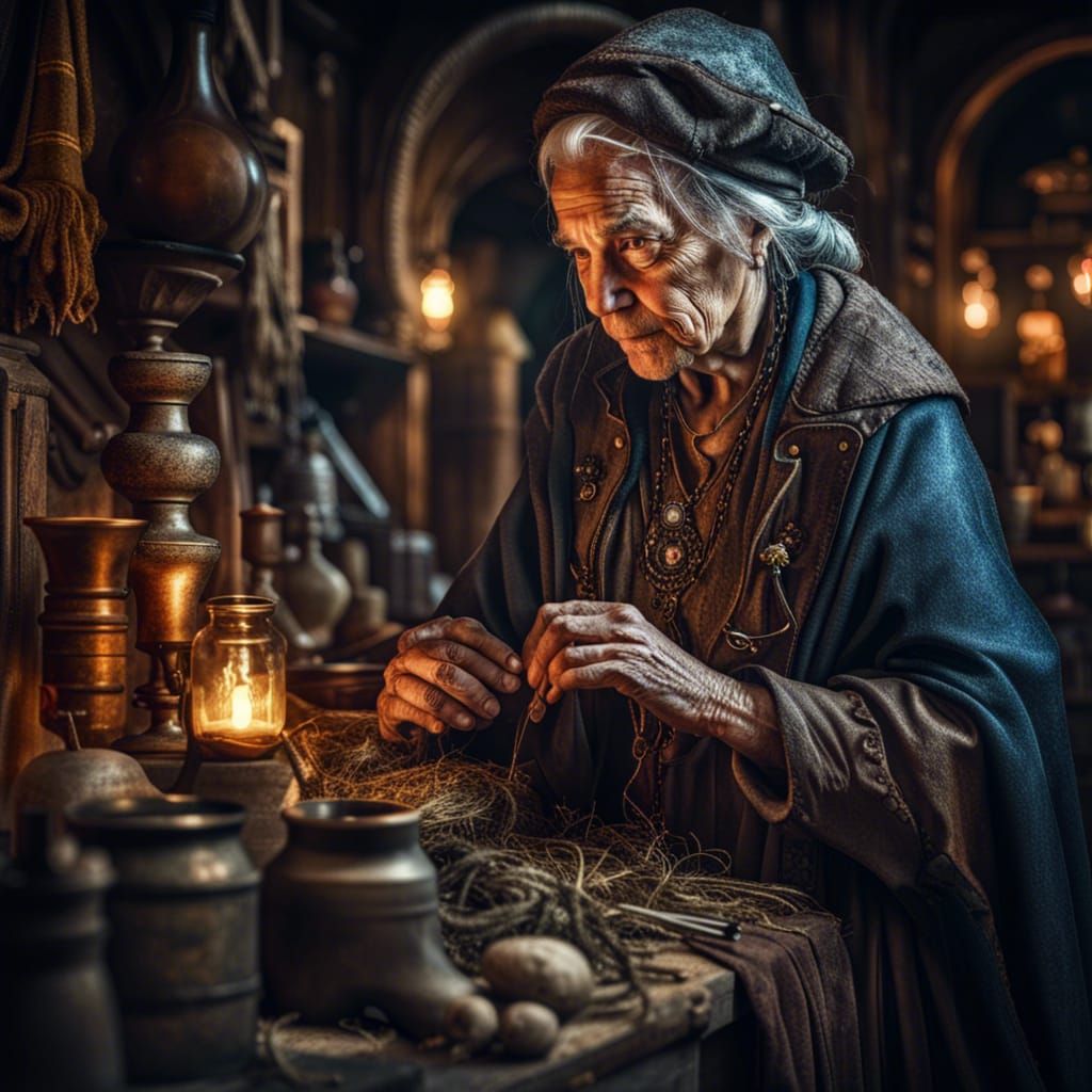 Medieval Alchemist in a Hyperrealistic Market Scene